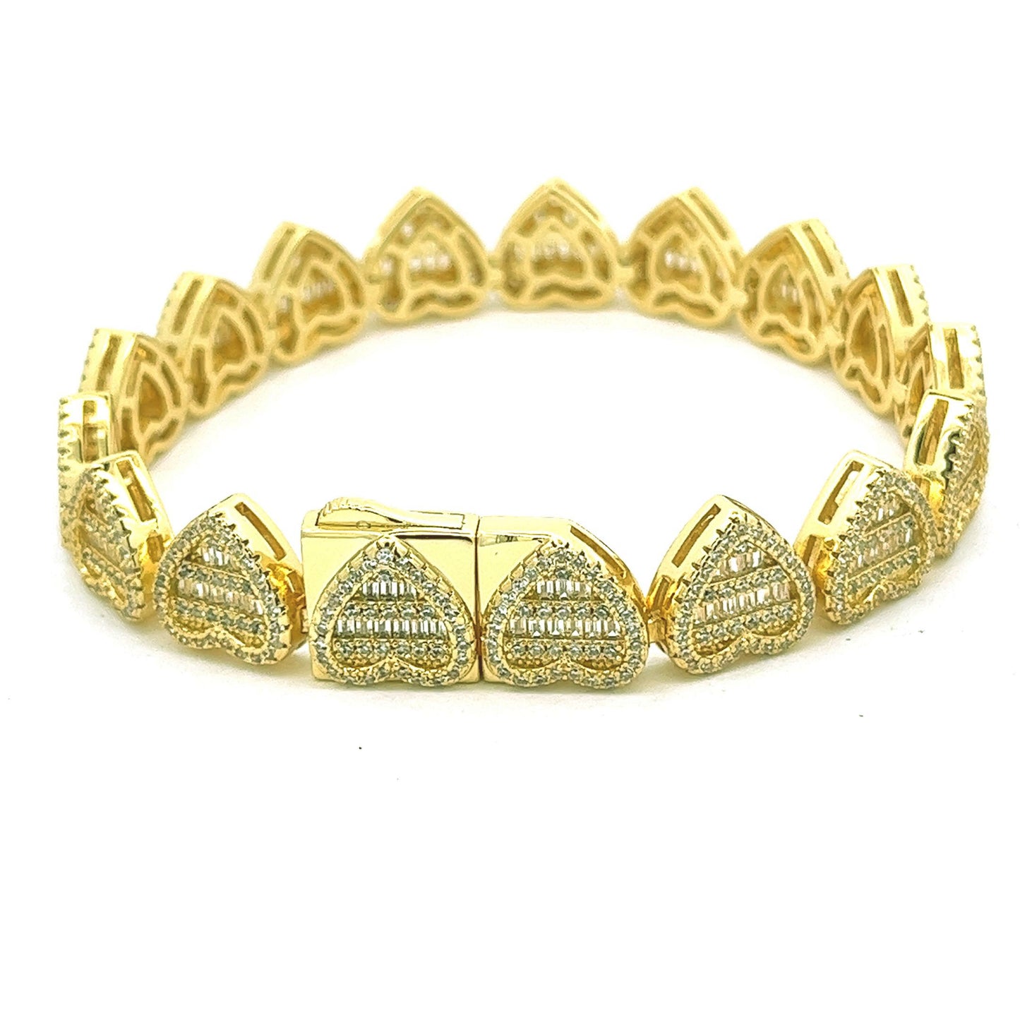Brass 10mm Heart Shaped Baguette Stone Set 7" Bracelet with 17" Chain