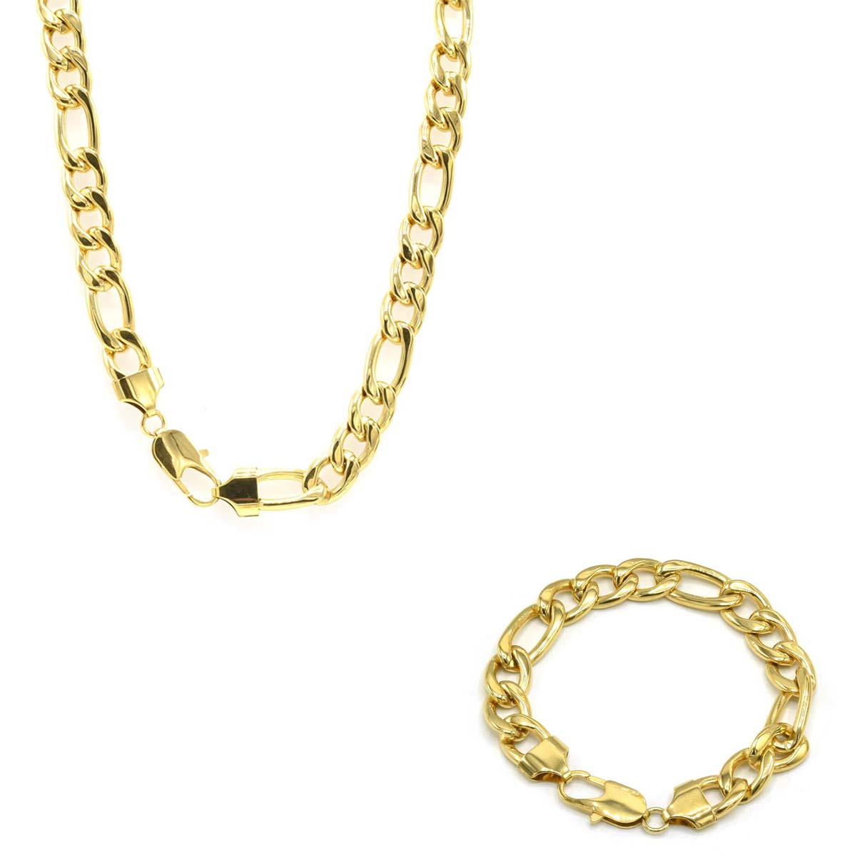 Stainless Steel Chain Bracelet Figaro Set 10mm 24 inch chain 8.5 inch bracelet