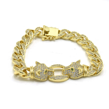 Brass 9mm Panther Double Heads Cuban 16 inche Chain and 7.5 inche Bracelet Set