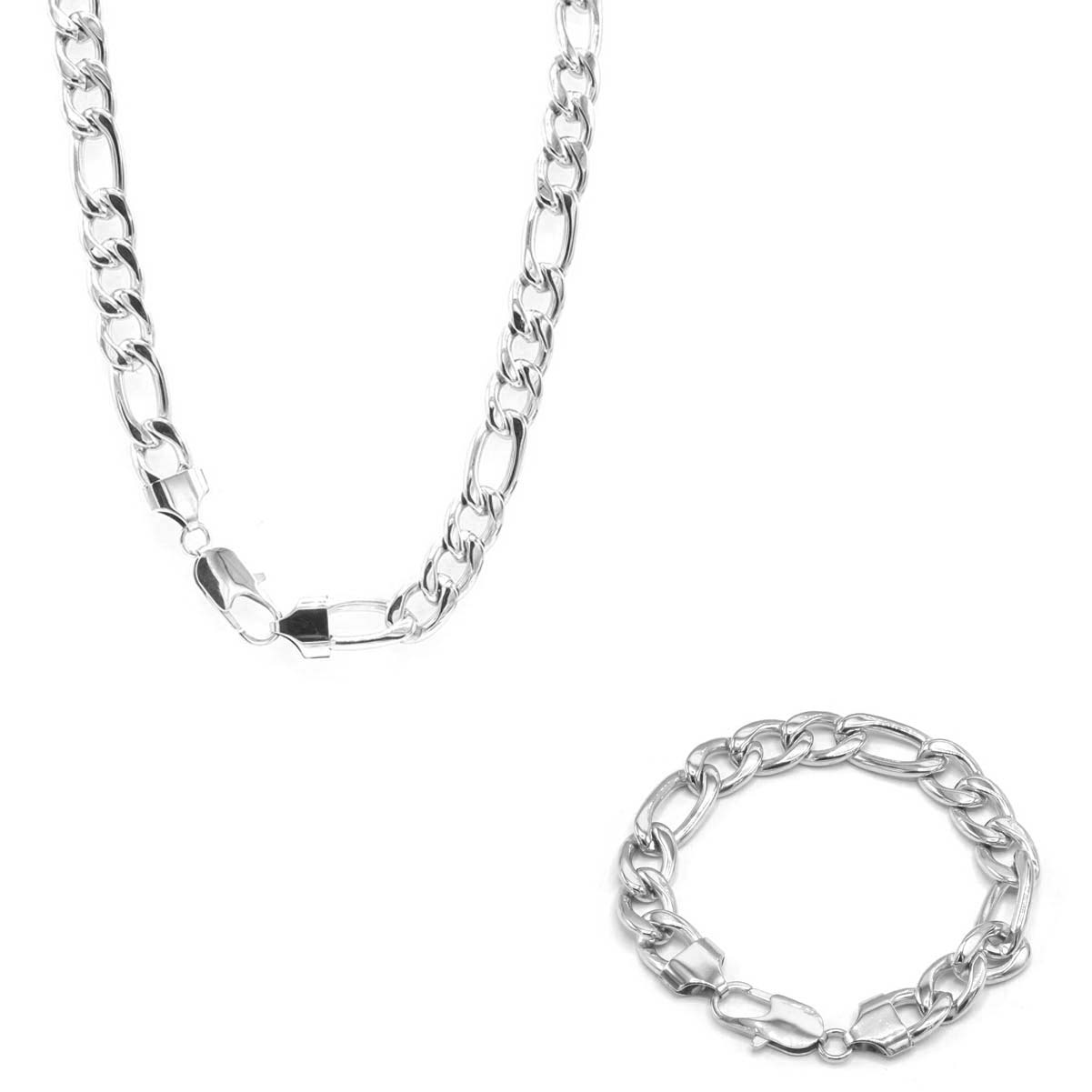 Stainless Steel Chain Bracelet Figaro Set 10mm 24 inch chain 8.5 inch bracelet